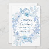 Classic Chic Blue Blume zum Geburtstag Einladung (Vorne/Hinten)