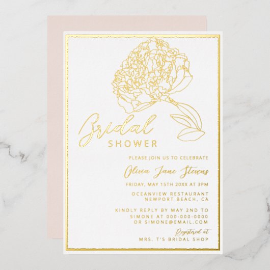 Classic Chic Gold Frame Peony Blush Brautparty Folieneinladung (Vorderseite/Rückseite)