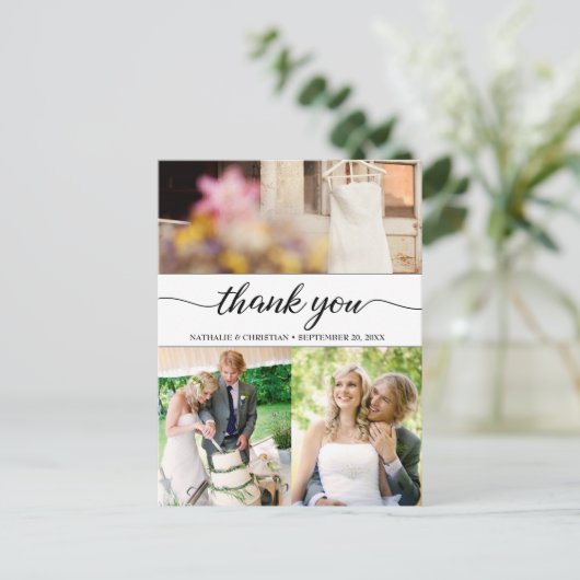 Classic Chic Wedding Fotos Danke, Script Postkarte (Stehend Vorderseite)