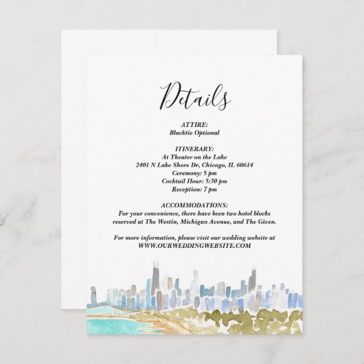 Classic Chicago Skyline Watercolor Details Card Einladung (Vorne/Hinten)