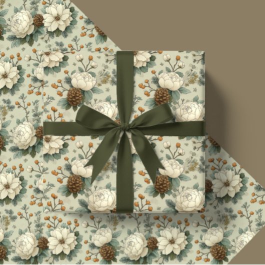 Classic Christmas Cream and Sage Green Floral Gift Geschenkpapier
