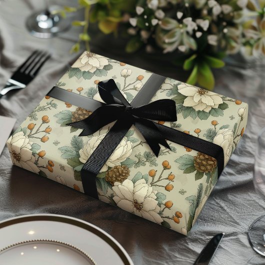 Classic Christmas Cream and Sage Green Floral Gift Geschenkpapier Set