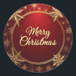 Classic Christmas Elegance Runder Aufkleber<br><div class="desc">Feiern Sie die Saison mit einer Touch von Eleganz. Dieses atemberaubende, kreisförmige Weihnachtsdesign besticht durch einen tiefen, roten Hintergrund mit zarten goldenen Schneeflocken und einer anmutigen "Fröhlichen Weihnachten"-Botschaft in klassischem Cursive. Ideal, um Rundschmuck, Urlaubskarten, Dekorationen oder Geschenkpackungen mit Wärme und Eleganz zu verbinden. Machen Sie Ihre Weihnachten mit diesem zeitlosen...</div>