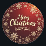 Classic Christmas Elegance Runder Aufkleber<br><div class="desc">Feiern Sie die Saison mit einer Touch von Eleganz. Dieses atemberaubende, kreisförmige Weihnachtsdesign besticht durch einen tiefen, roten Hintergrund mit zarten goldenen Schneeflocken und einer anmutigen "Fröhlichen Weihnachten"-Botschaft in klassischem Cursive. Ideal, um Rundschmuck, Urlaubskarten, Dekorationen oder Geschenkpackungen mit Wärme und Eleganz zu verbinden. Machen Sie Ihre Weihnachten mit diesem zeitlosen...</div>