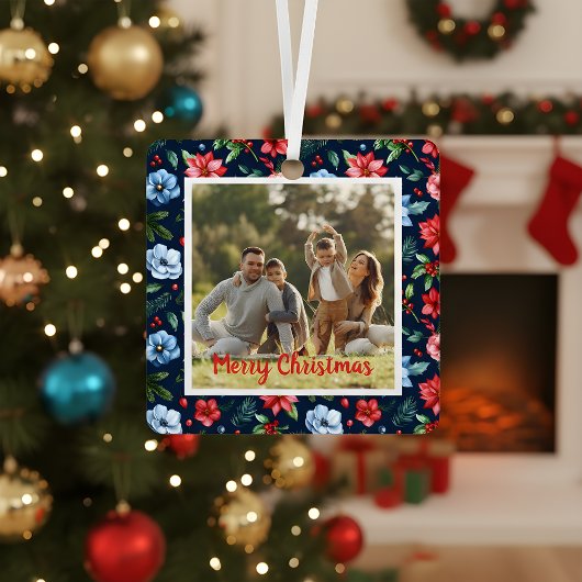 Classic Christmas Floral Frame Photo Ornament Aus Metall