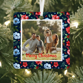 Classic Christmas Floral Frame Photo  Ornament Aus Metall