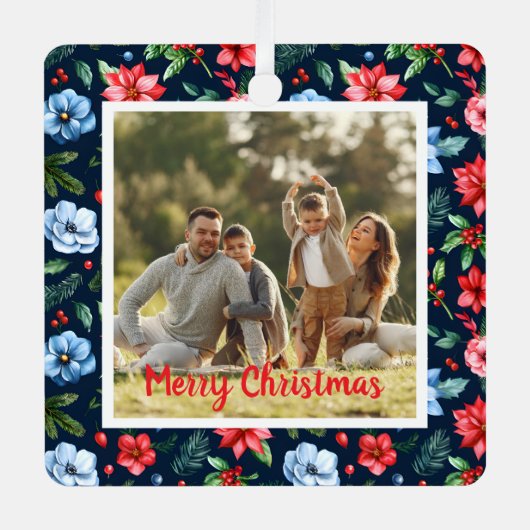 Classic Christmas Floral Frame Photo Ornament Aus Metall (Vorderseite)