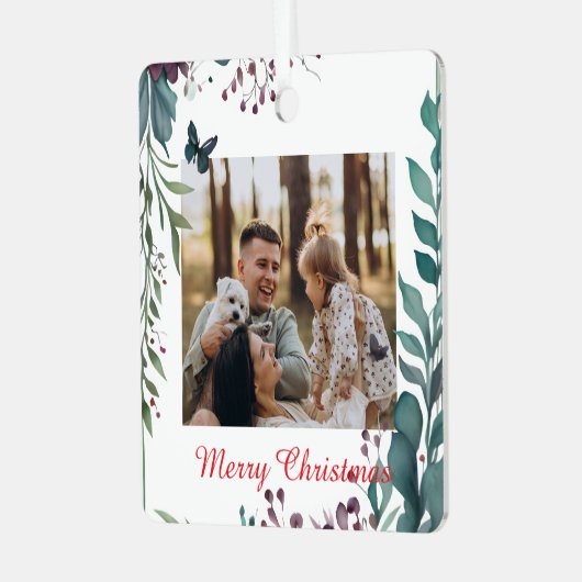 Classic Christmas Floral Frame Photo Ornament Aus Metall (Vorderseite links)