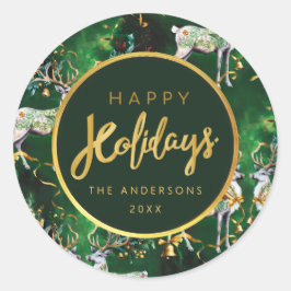 Classic Christmas Gold Bells & Rentiers Runder Aufkleber