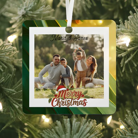Classic Christmas Green & Gold Frame Photo Ornament Aus Metall