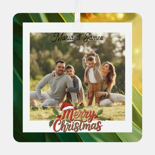 Classic Christmas Green & Gold Frame Photo Ornament Aus Metall (Vorderseite)