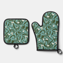 Classic Christmas Mistletoe in Blau und Weiß Ofenhandschuh & Topflappen-Set
