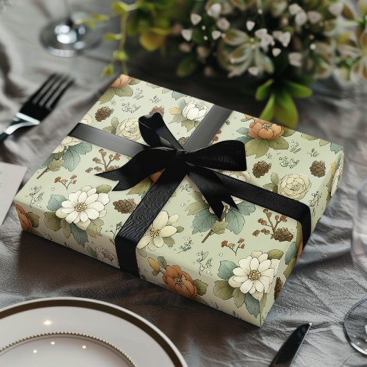 Classic Christmas Peach and Sage Green Floral Gift Geschenkpapier Set