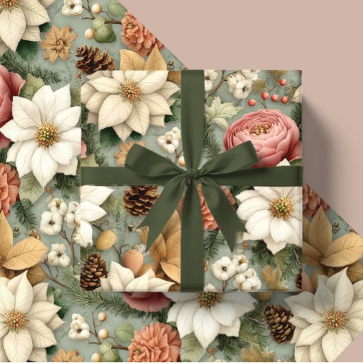 Classic Christmas Pink and Sage Green Floral Gift Geschenkpapier