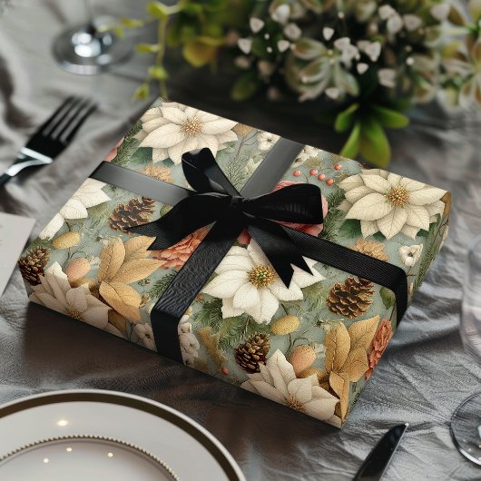 Classic Christmas Pink and Sage Green Floral Gift Geschenkpapier Set