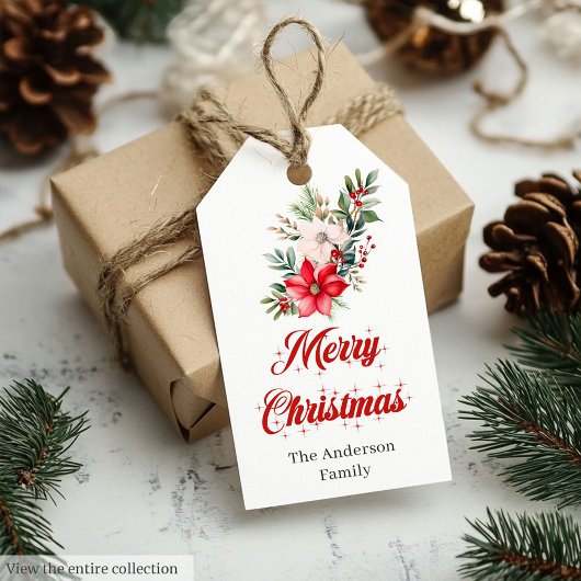 Classic Christmas Poinsettia Botanical Gift Tag Geschenkanhänger