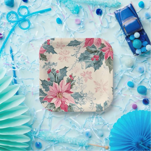 Classic Christmas Poinsettia Flowers Paper Plate Pappteller (Party)
