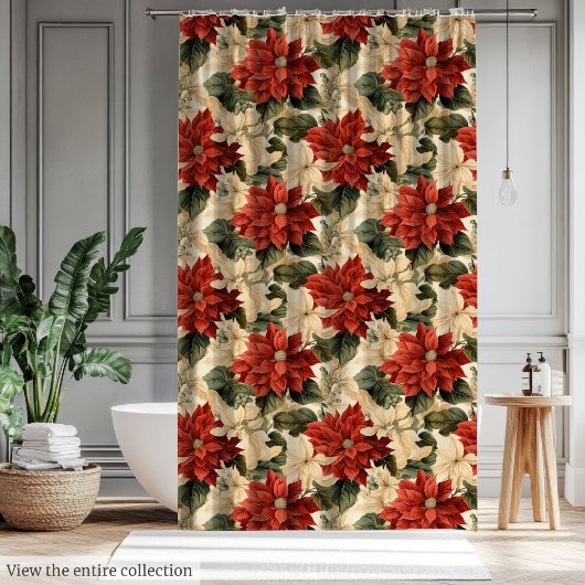 Classic Christmas Red Poinsettias Watercolor Style Duschvorhang