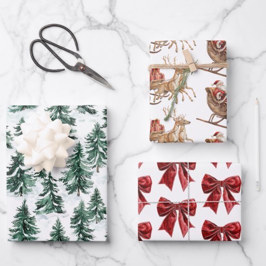 Classic Christmas Santa Sleigh Trees Red Bows Geschenkpapier Set (Vorderseite)