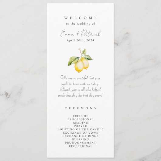 Classic Citrus Lemon Summer Wedding Programm (Vorderseite)