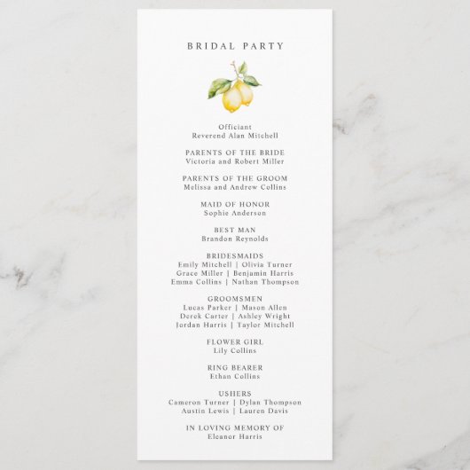Classic Citrus Lemon Summer Wedding Programm (Rückseite)