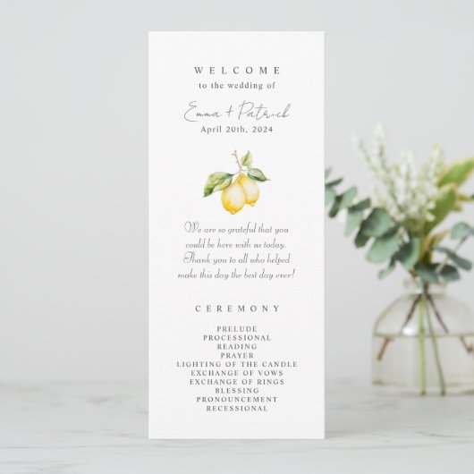 Classic Citrus Lemon Summer Wedding Programm (Stehend Vorderseite)