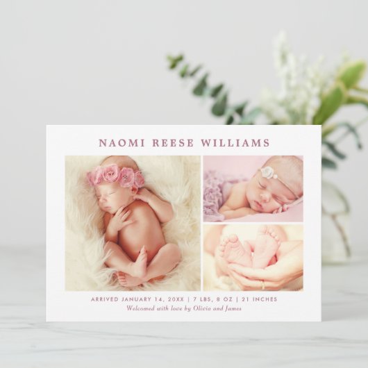 Classic Collage Rosy Pink Baby Girl Foto Birth Ankündigung (Stehend Vorderseite)