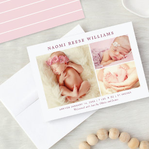 Classic Collage Rosy Pink Baby Girl Foto Birth Ankündigung