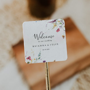 Classic Colorful Wild Floral Wedding Willkommen Quadratischer Aufkleber