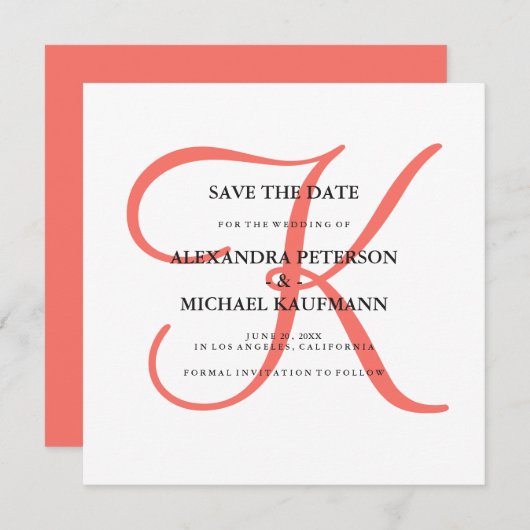 Classic Coral Monogram Save the Date (Vorne/Hinten)