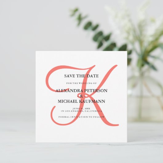 Classic Coral Monogram Save the Date (Stehend Vorderseite)