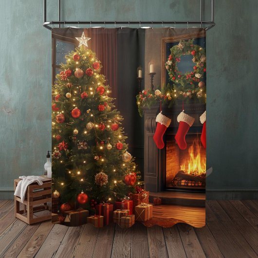 Classic Cozy Fireplace & Christmas Tree Duschvorhang