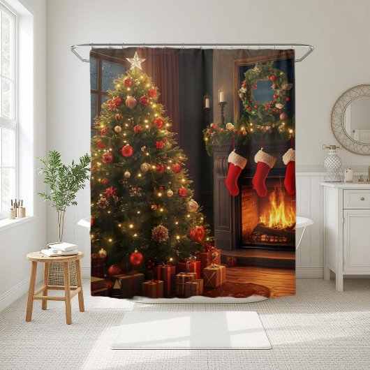 Classic Cozy Fireplace & Christmas Tree Duschvorhang