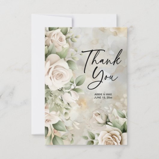 Classic Cream Floral Sage Green Blätter Hochzeit Dankeskarte (Vorderseite)