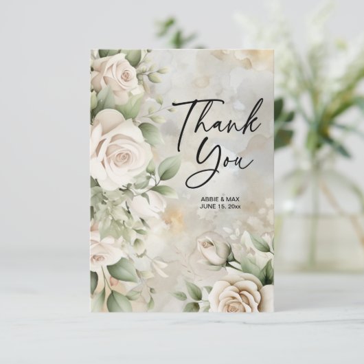 Classic Cream Floral Sage Green Blätter Hochzeit Dankeskarte (Stehend Vorderseite)