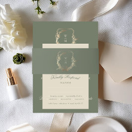 Classic Cream & Sage Monogram Gold Wappen Wedding  Einladungsbanderole