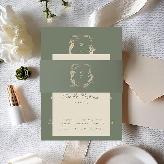 Classic Cream & Sage Monogram Gold Wappen Wedding Einladungsbanderole