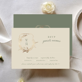 Classic Cream & Sage Monogram Gold Wappen Wedding RSVP Karte
