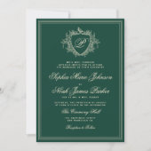 Classic crest monogram emerald green wedding einladung (Vorderseite)
