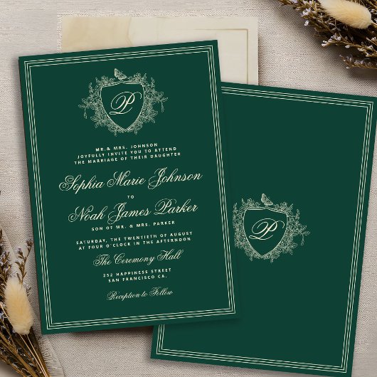 Classic crest monogram emerald green wedding einladung