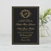 Classic crest monogram gold black wedding einladung (Stehend Vorderseite)