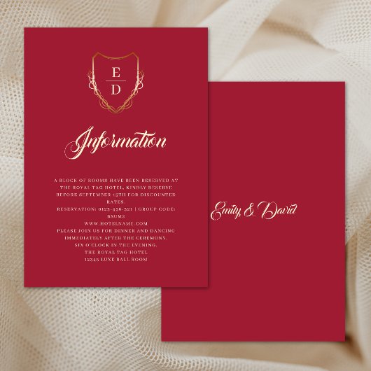 Classic Crimson Red Golden Monogram Luxe Begleitkarte