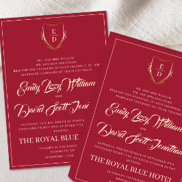 Classic Crimson Red Golden Monogram Whimsical Einladung