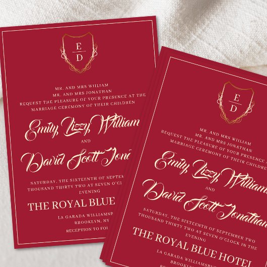 Classic Crimson Red Golden Monogram Whimsical Einladung