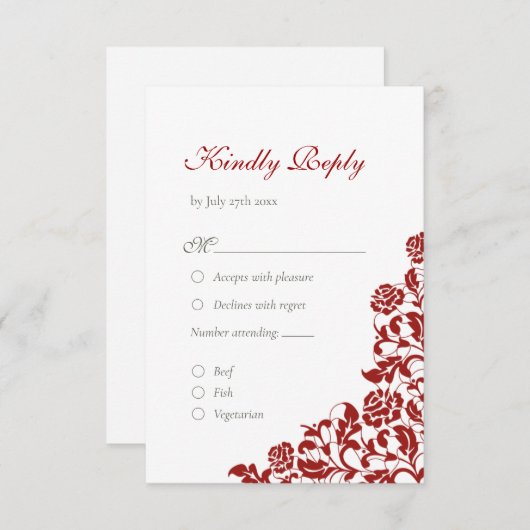 Classic Crimson Rose Red Lace Wedding RSVP Karte (Vorne/Hinten)