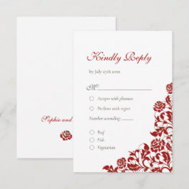 Classic Crimson Rose Red Lace Wedding RSVP Karte