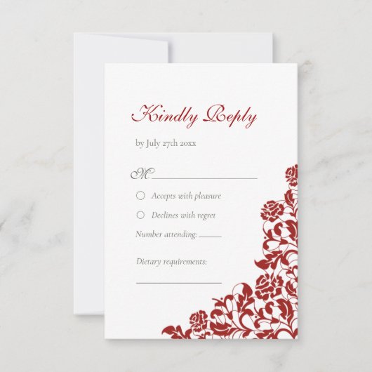 Classic Crimson Rote Rose Lace Floral Wedding RSVP Karte (Vorderseite)