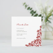 Classic Crimson Rote Rose Lace Square Wedding Save The Date (Stehend Vorderseite)