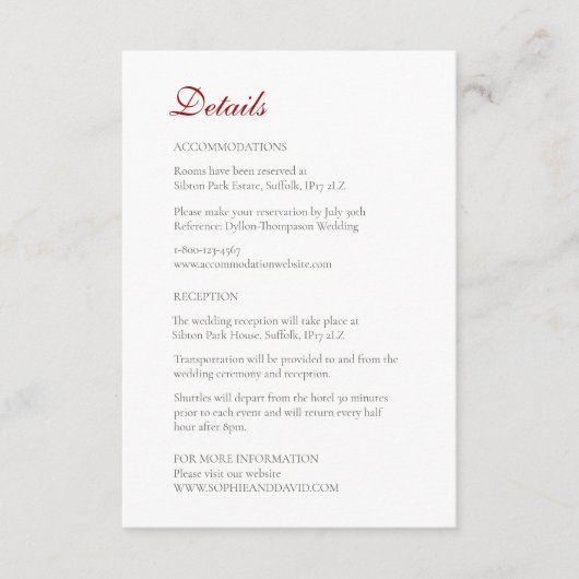 Classic Crimson Rote Rose Lace Wedding Details Begleitkarte (Vorderseite)