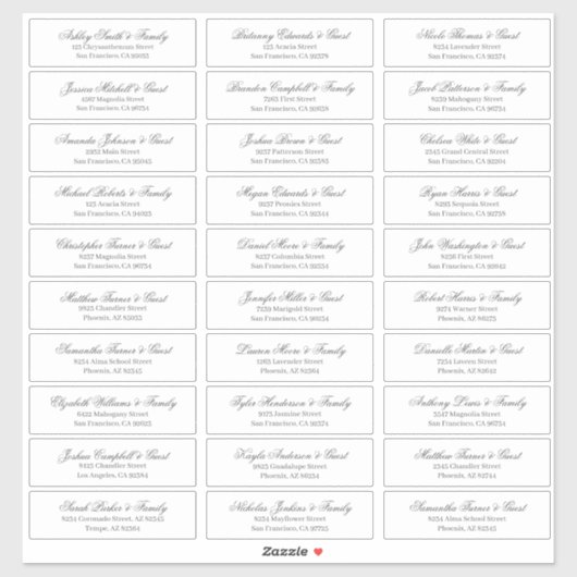 Classic Cursive Script Wedding Guest Names Adresse Aufkleber (Blatt)